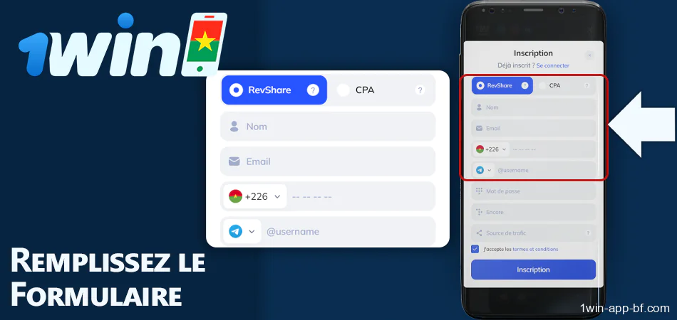 Saisissez vos coordonnées lors de l'inscription au programme d'affiliation 1Win