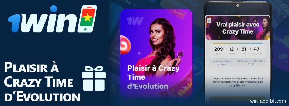 Bonus pour le jeu Crazy Time dans l'application mobile 1Win