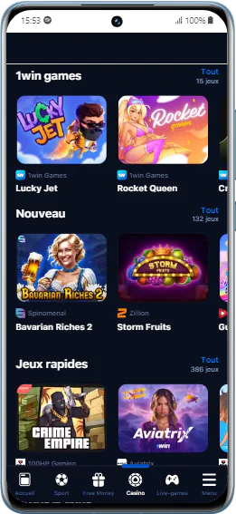 Capture d'écran de la section Casino de l'application 1Win